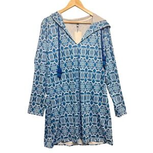Cabana‎ Life UPF 50+ Blue Geometric Hooded Tunic Cover Up Dress NWT XL